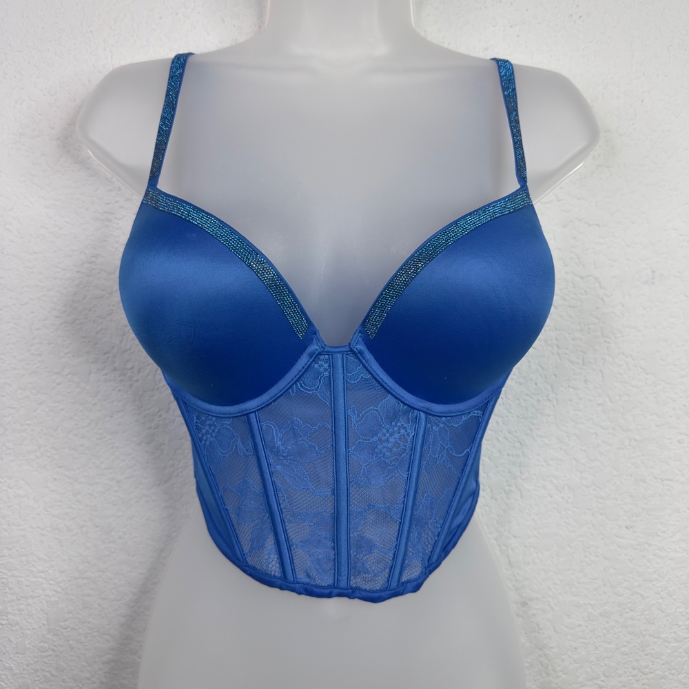 Victoria's Secret Corset Bra Top Women Blue 34C Lace Push-Up Rhinestone Glam Y2K
